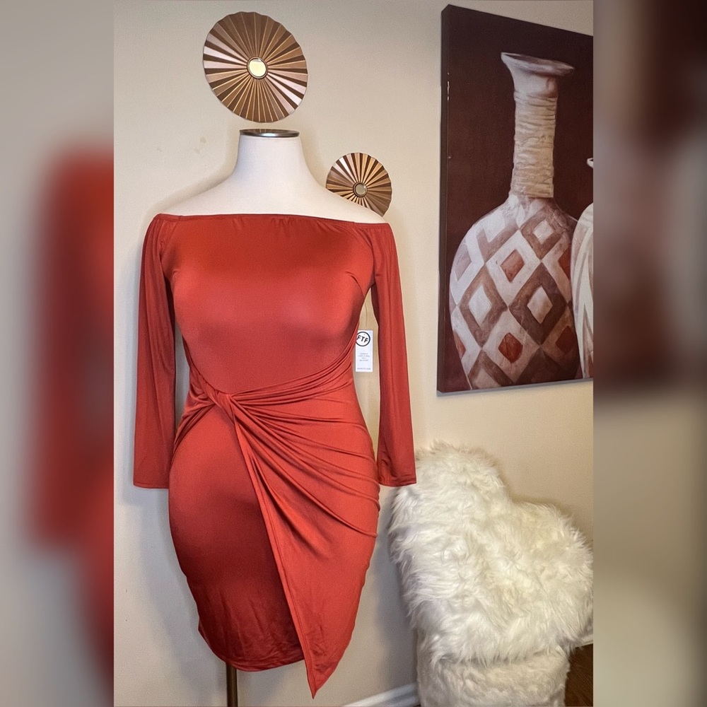 Fashion to Figure Burnt Orange 🍊 Front Drape Bodycon Dress